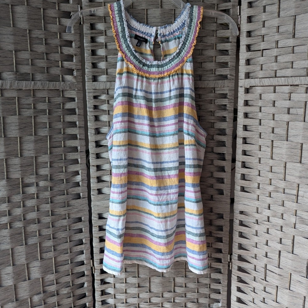 Talbots Shell Top Multi-Color Striped Linen Halter Neck Sz M Pastel Preppy